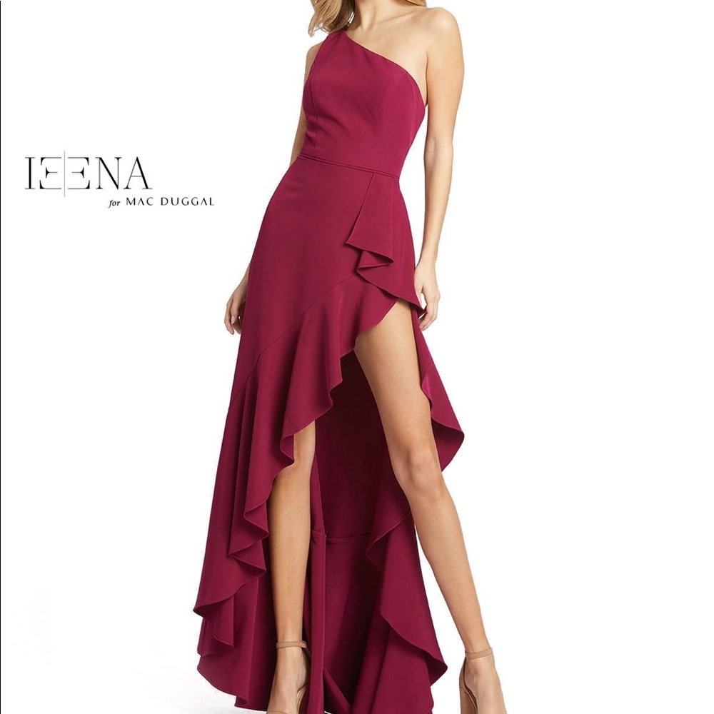 NWT Ieena Mac Duggal One Shoulder Ruffle Gown Asymmetrical in Berry Size 10